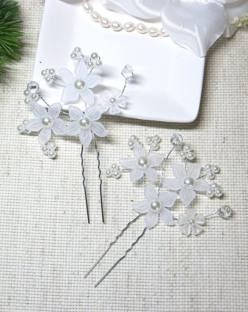 White Floral Bridal 2 PC Hair Pin Set, Wedding Party Pearl Flower Hairpin Hairpiece Set - KaleaBoutique.com