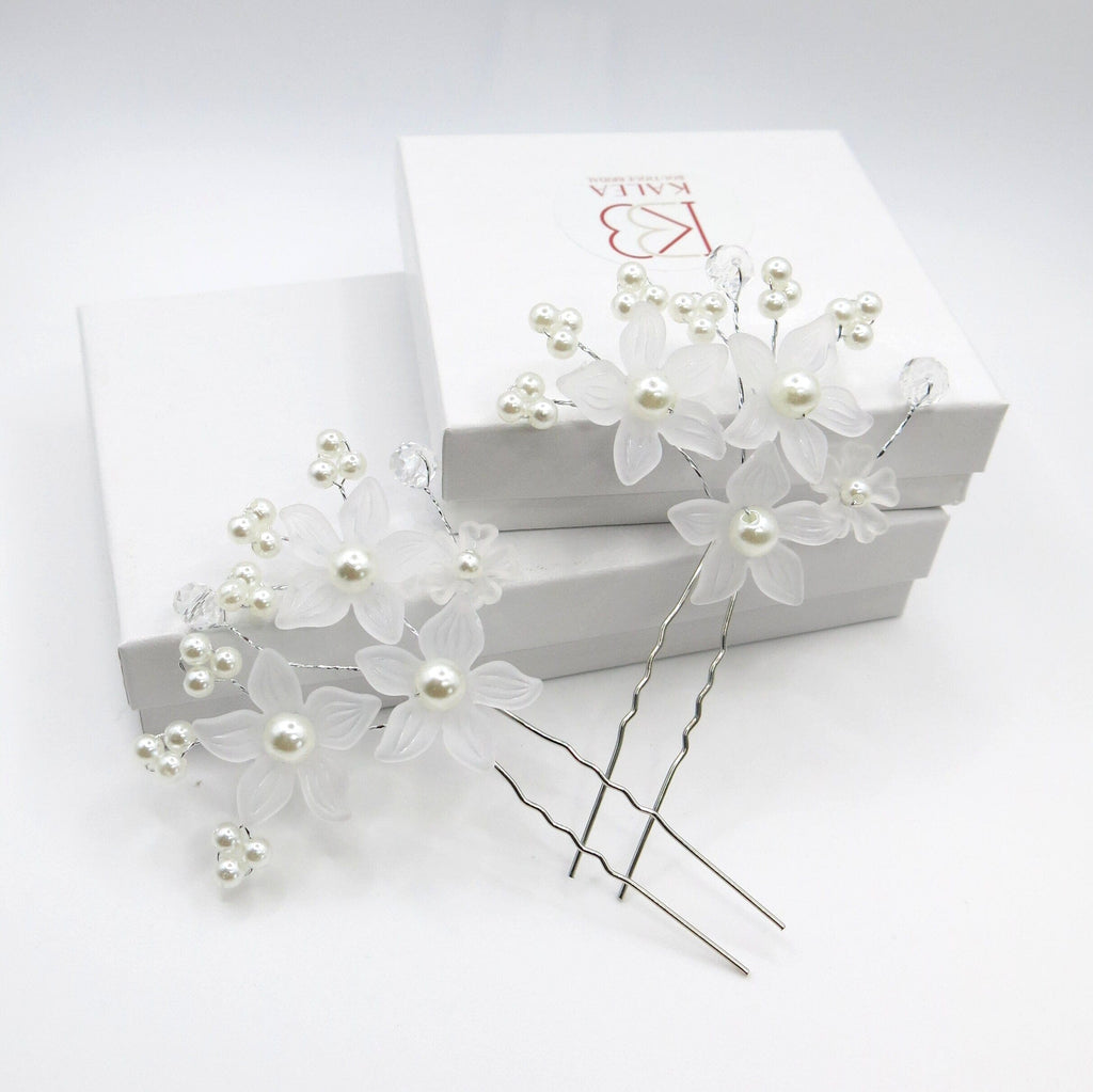 White Floral Bouquet Bridal 2 PC Hair Pin Set, Wedding Party Flower Hairpiece, Silver Wire Bridesmaid Large Hairpin, Pearl Accent Hairpins - KaleaBoutique.com
