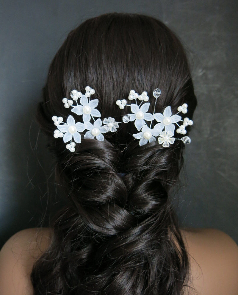 White Floral Bridal 2 PC Hair Pin Set, Wedding Party Pearl Flower Hairpin Hairpiece Set - KaleaBoutique.com