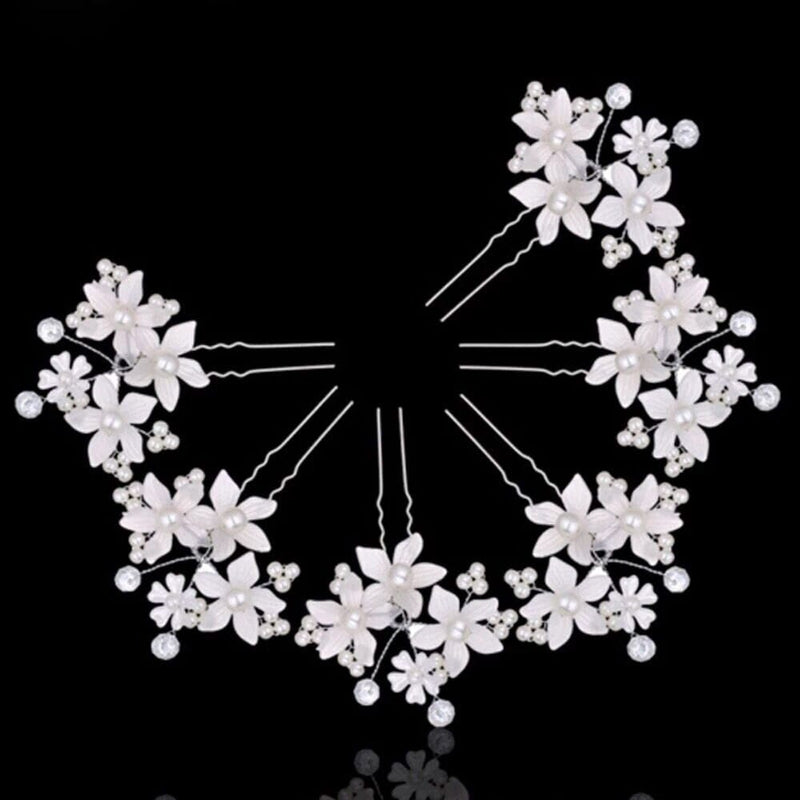 White Floral Bouquet Bridal 2 PC Hair Pin Set, Wedding Party Flower Hairpiece, Silver Wire Bridesmaid Large Hairpin, Pearl Accent Hairpins - KaleaBoutique.com