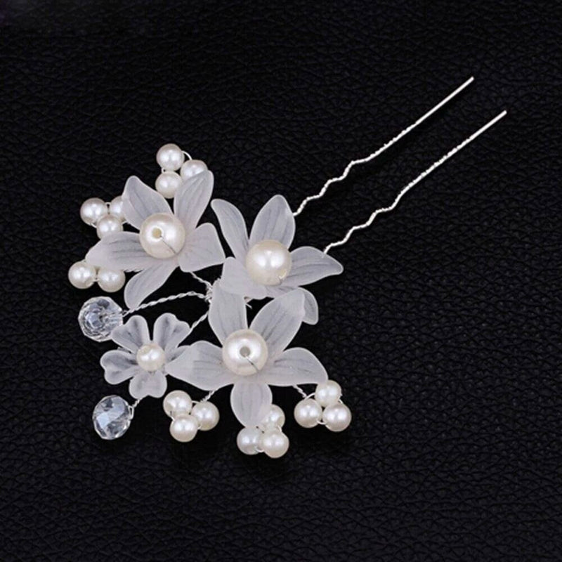 White Floral Bridal 2 PC Hair Pin Set, Wedding Party Pearl Flower Hairpin Hairpiece Set - KaleaBoutique.com