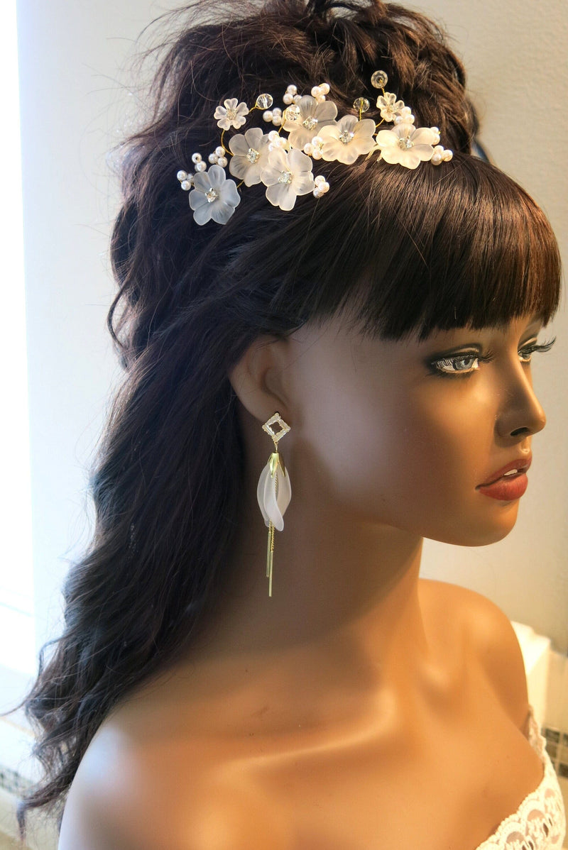 White Floral Earrings, 10K Gold Plated 925 CZ Diamond Petal Studs, Wedding Bridal Chain Earrings - KaleaBoutique.com