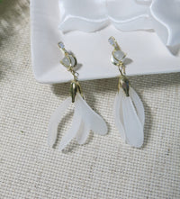 White Floral Earrings, 10K Gold Plated 925 CZ Diamond Petal Studs, Wedding Bridal Chain Earrings - KaleaBoutique.com