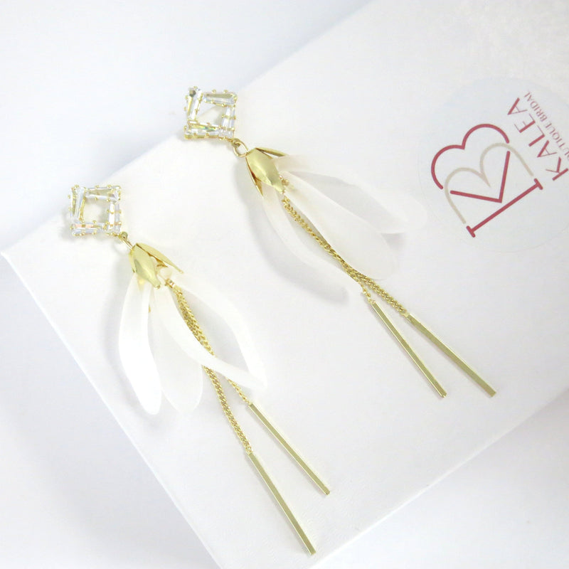 White Floral Earrings, 10K Gold Plated 925 CZ Diamond Petal Studs, Wedding Bridal Chain Earrings - KaleaBoutique.com