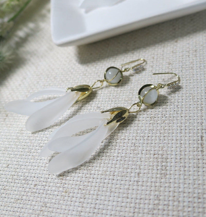 White Floral Earrings, 10K Gold Plated 925 CZ Diamond Dainty Petal Studs, Wedding Bridal or Bridesmaid Flower Tassel Dainty Earrings - KaleaBoutique.com