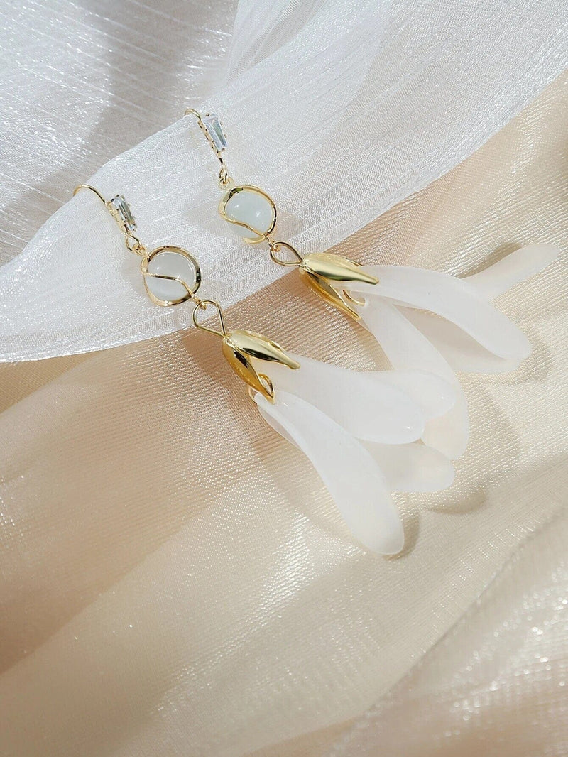 White Floral Earrings, 10K Gold Plated 925 CZ Diamond Petal Studs, Wedding Bridal Chain Earrings - KaleaBoutique.com