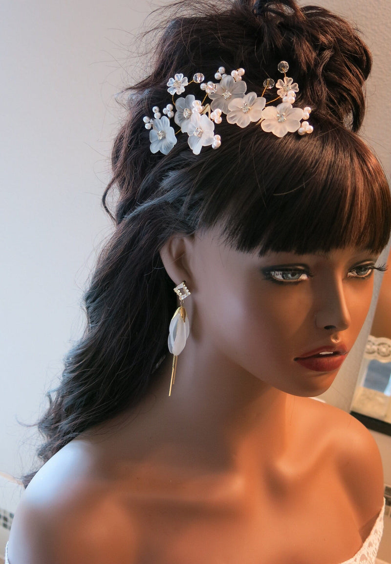 White Floral Earrings, 10K Gold Plated 925 CZ Diamond Petal Studs, Wedding Bridal Chain Earrings - KaleaBoutique.com