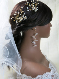 White Floral Earrings, Bridal Gold Flower Dangle Studs, Wedding Cascading Flower Dangle Stud Earrings - KaleaBoutique.com