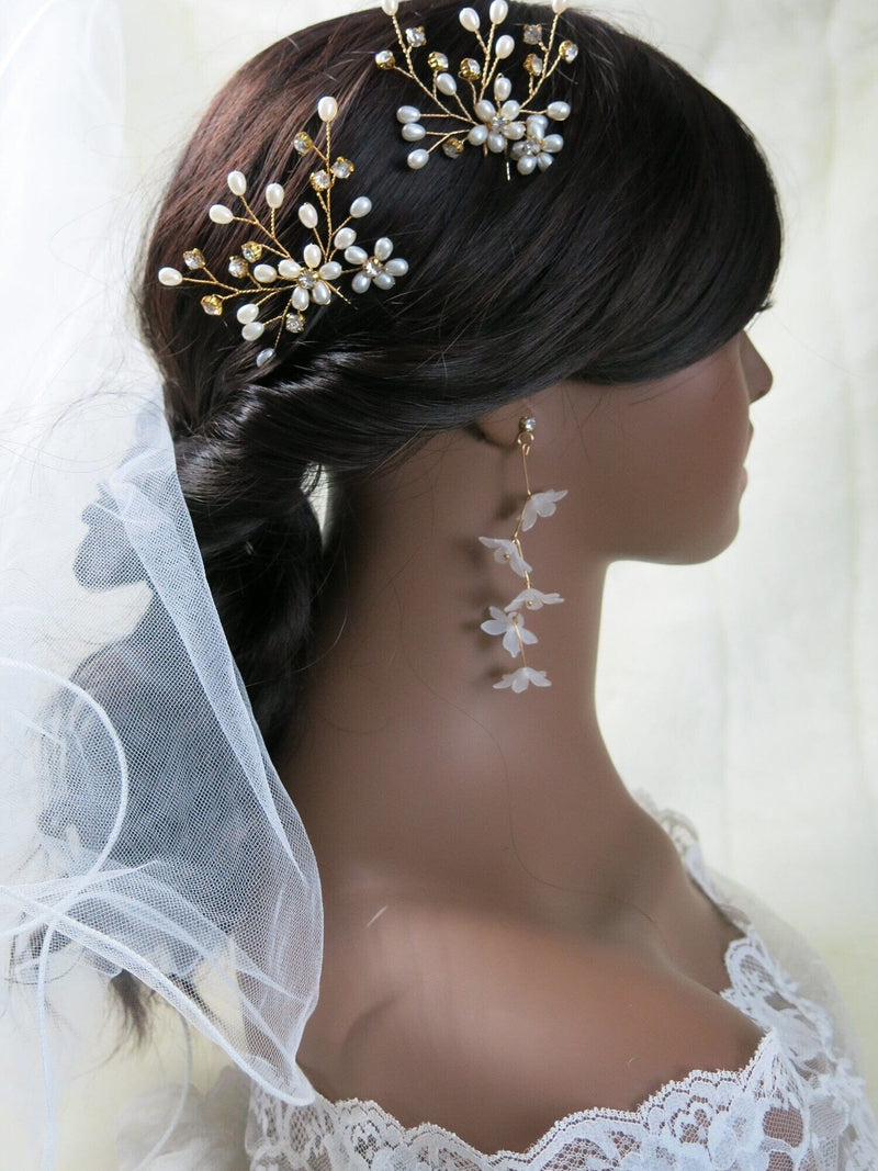 White Floral Earrings, Flower Tassel Studs, Bridal Gold Tone Dangle Earrings, Delicate Flowers Dainty Earring Studs, Wedding Tassel Earrings - KaleaBoutique.com