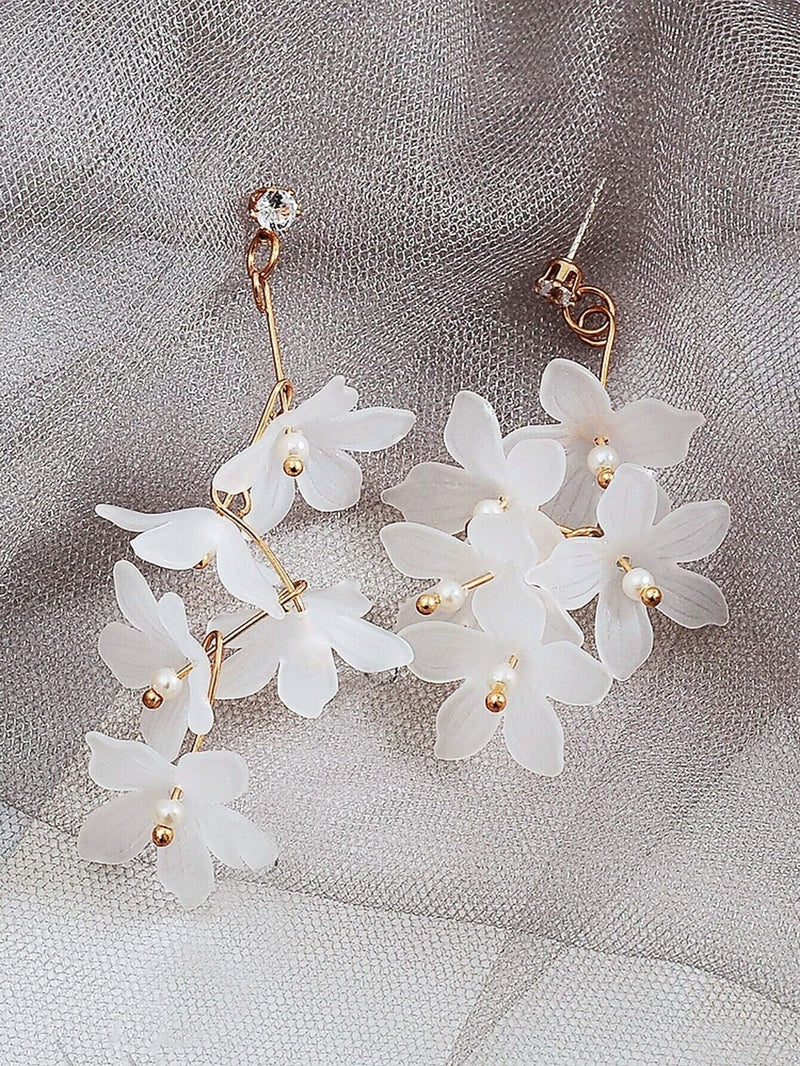 White Floral Earrings, Flower Tassel Studs, Bridal Gold Tone Dangle Earrings, Delicate Flowers Dainty Earring Studs, Wedding Tassel Earrings - KaleaBoutique.com