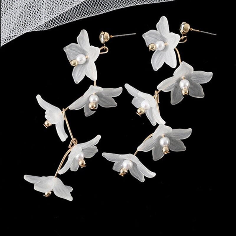 White Floral Earrings, Bridal Gold Flower Dangle Studs, Wedding Cascading Flower Dangle Stud Earrings - KaleaBoutique.com