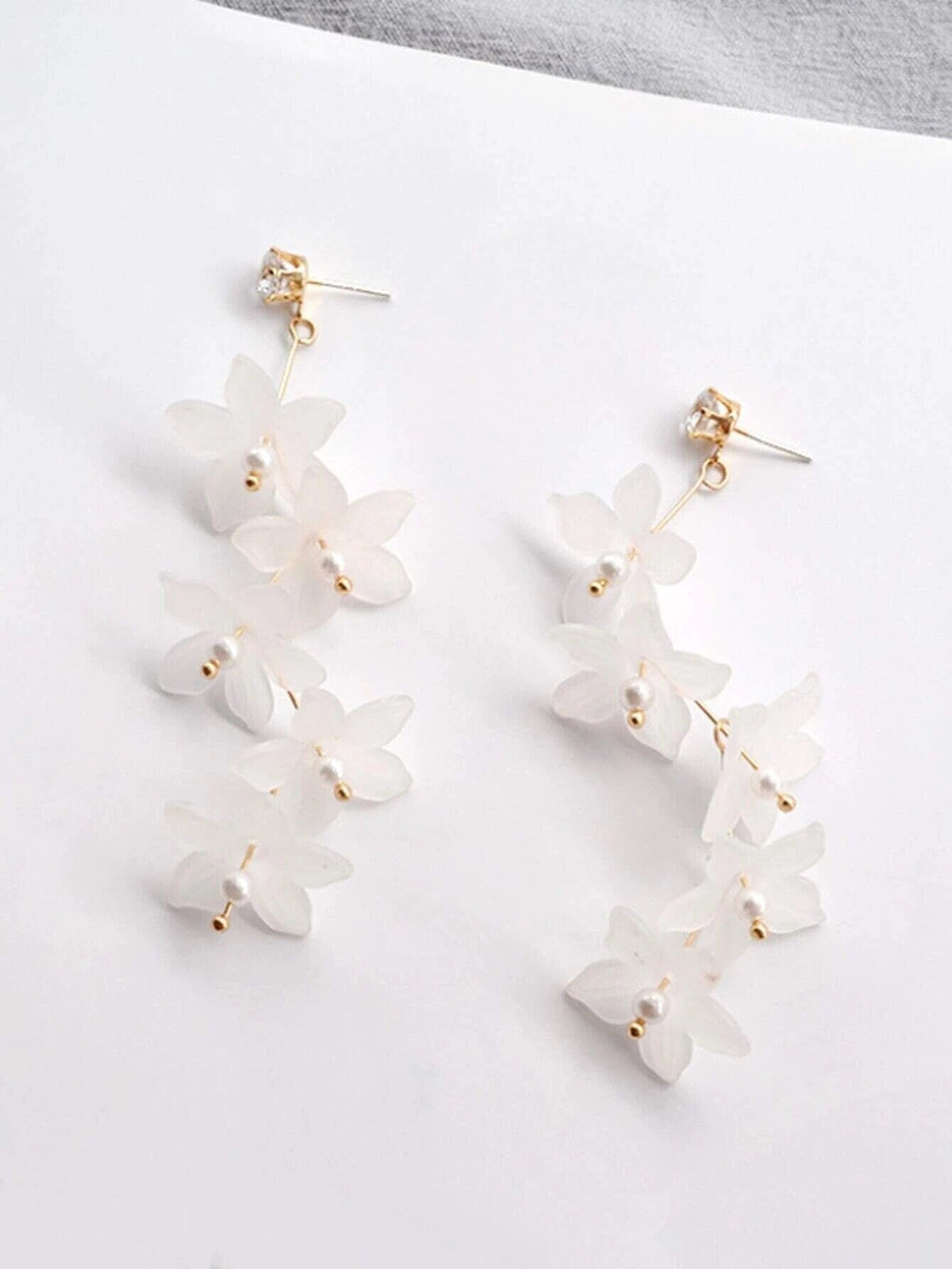 White Floral Earrings, Bridal Gold Flower Dangle Studs, Wedding Cascading Flower Dangle Stud Earrings - KaleaBoutique.com