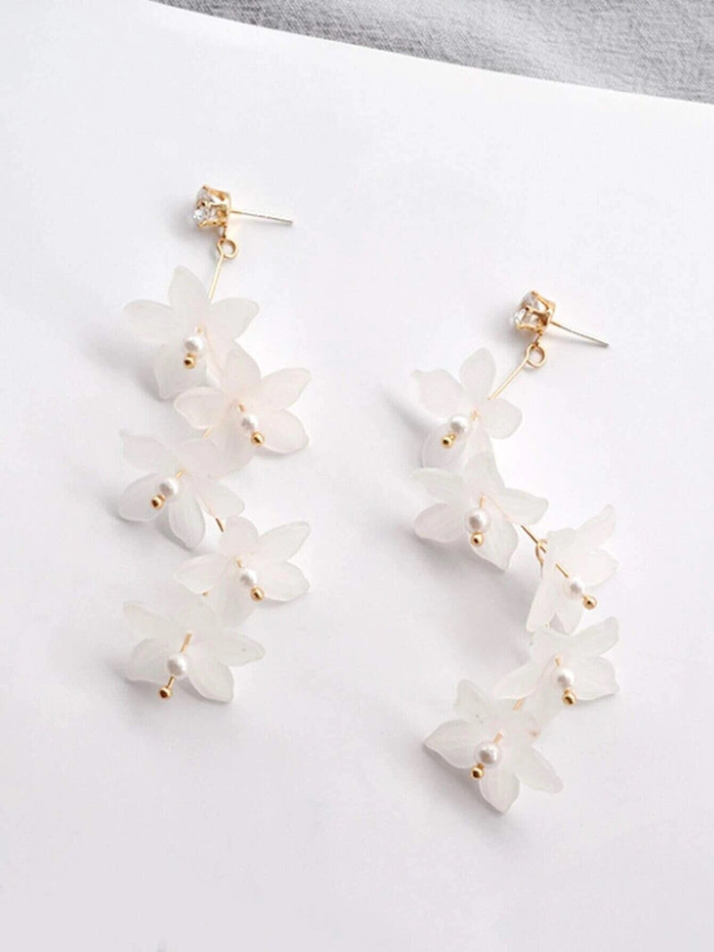 White Floral Earrings, Bridal Gold Flower Dangle Studs, Wedding Cascading Flower Dangle Stud Earrings - KaleaBoutique.com