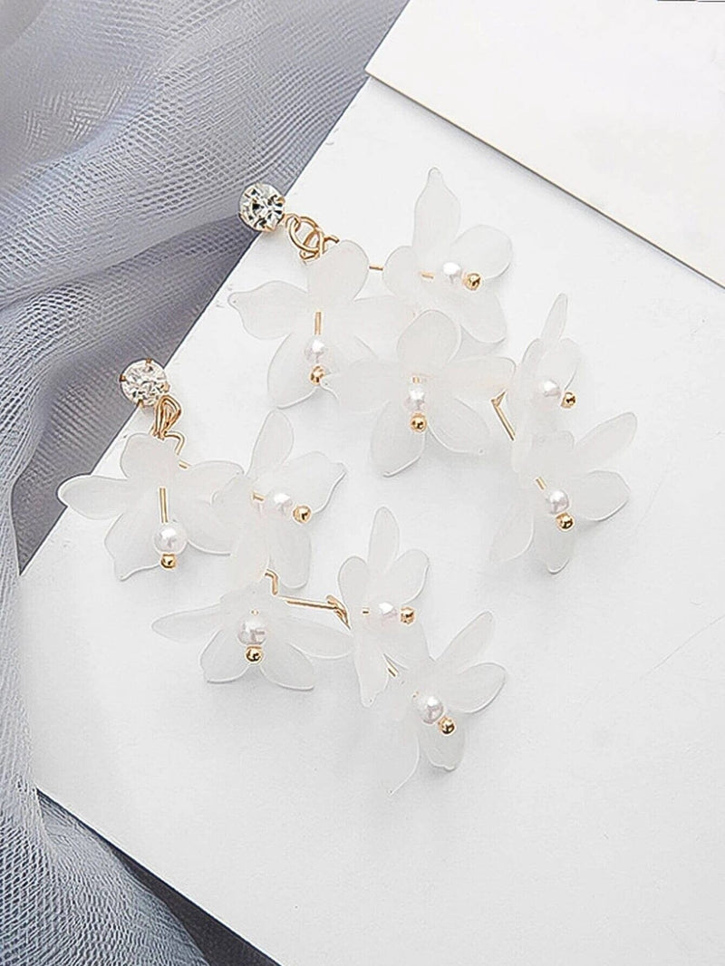 White Floral Earrings, Bridal Gold Flower Dangle Studs, Wedding Cascading Flower Dangle Stud Earrings - KaleaBoutique.com