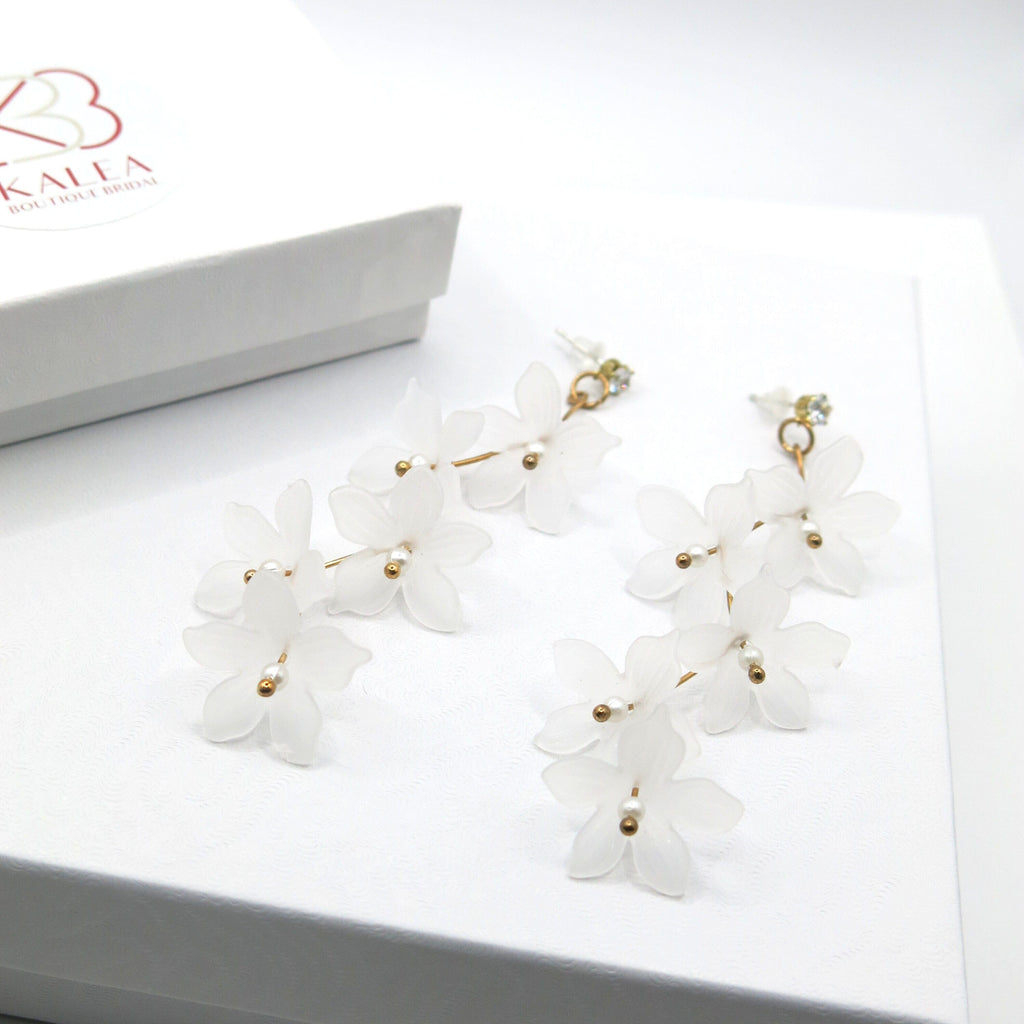 White Floral Earrings, Bridal Gold Flower Dangle Studs, Wedding Cascading Flower Dangle Stud Earrings - KaleaBoutique.com