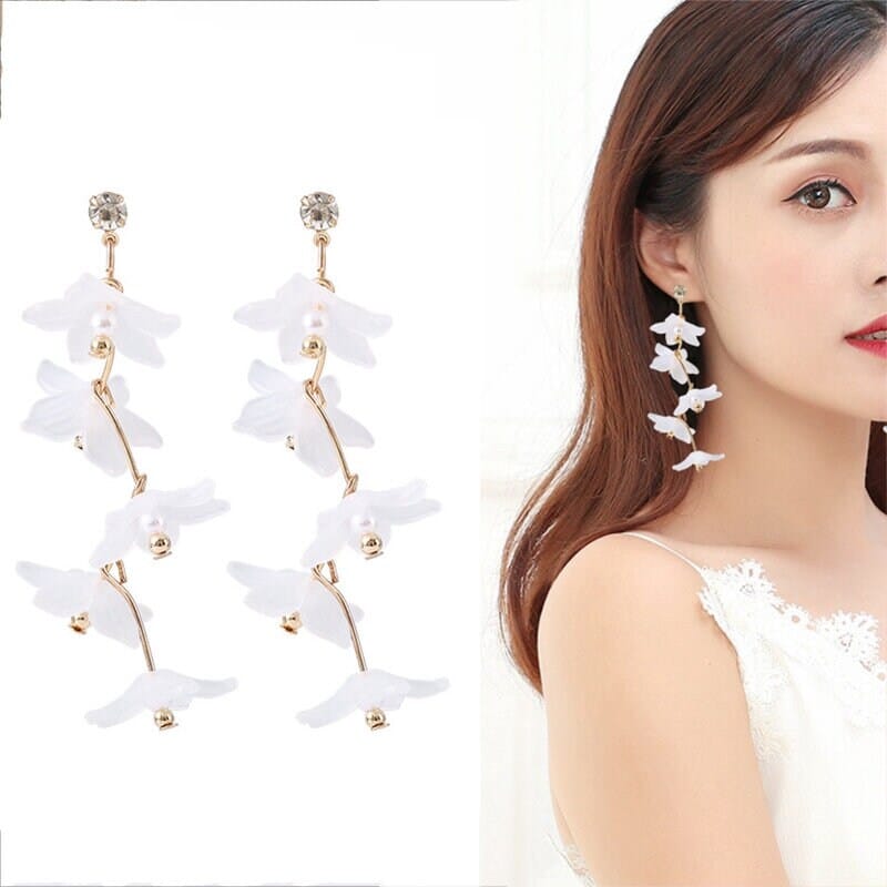 White Floral Earrings, Bridal Gold Flower Dangle Studs, Wedding Cascading Flower Dangle Stud Earrings - KaleaBoutique.com