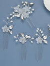 White Flower 5 PC Wedding Hairpin Set, Bridal Floral Wire Hair Pins, Pearl Branch Floral Hairpin Headpiece Set - KaleaBoutique.com