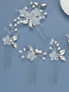 White Flower 5 PC Silver Hairpin Set, Bridal Pearl and Leaf Wire Hair Pins, Wedding Party Silver Hairpiece Set, Pearl Branch Floral Hairpins - KaleaBoutique.com