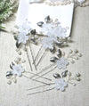 White Flower 5 PC Wedding Hairpin Set, Bridal Floral Wire Hair Pins, Pearl Branch Floral Hairpin Headpiece Set - KaleaBoutique.com