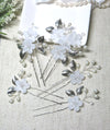 White Flower 5 PC Silver Hairpin Set, Bridal Pearl and Leaf Wire Hair Pins, Wedding Party Silver Hairpiece Set, Pearl Branch Floral Hairpins - KaleaBoutique.com