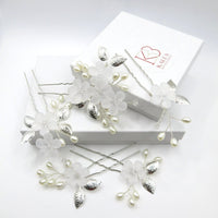 White Flower 5 PC Wedding Hairpin Set, Bridal Floral Wire Hair Pins, Pearl Branch Floral Hairpin Headpiece Set - KaleaBoutique.com