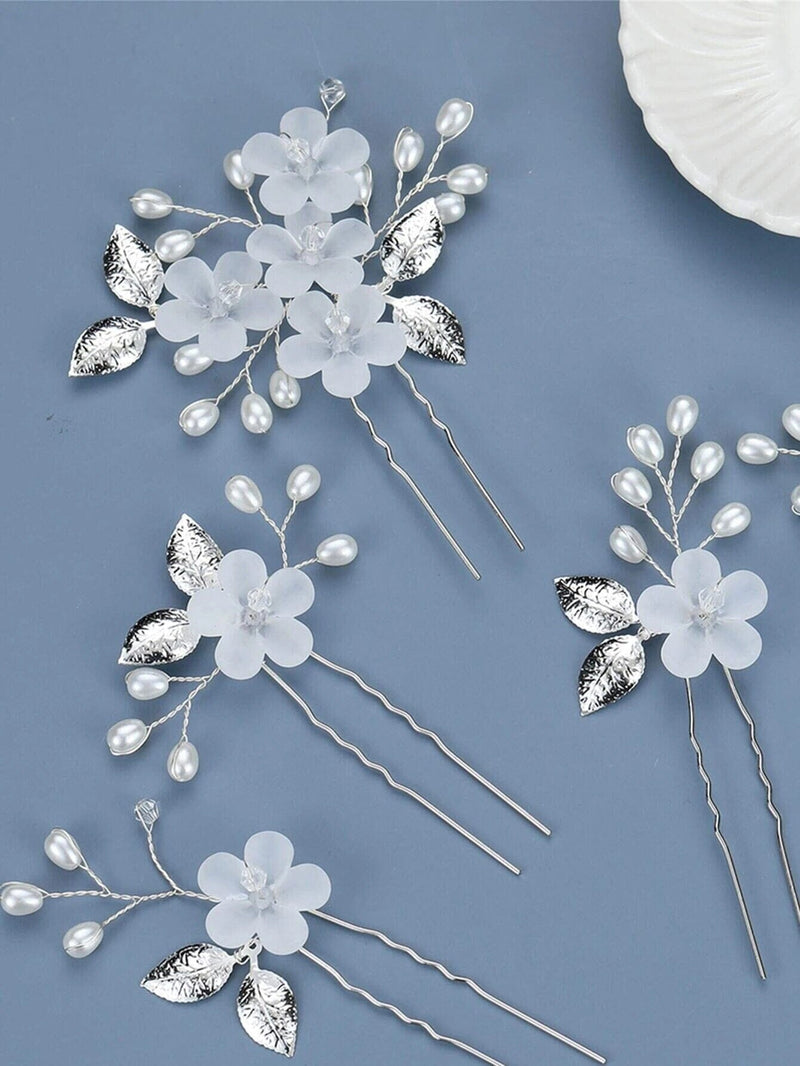 White Flower 5 PC Wedding Hairpin Set, Bridal Floral Wire Hair Pins, Pearl Branch Floral Hairpin Headpiece Set - KaleaBoutique.com