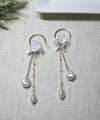 White Flower Bridal Pearl Earrings, Dangle Wedding Pearl Hooped Studs, Crystal Strand 2-in-1 Hoop Earrings - KaleaBoutique.com