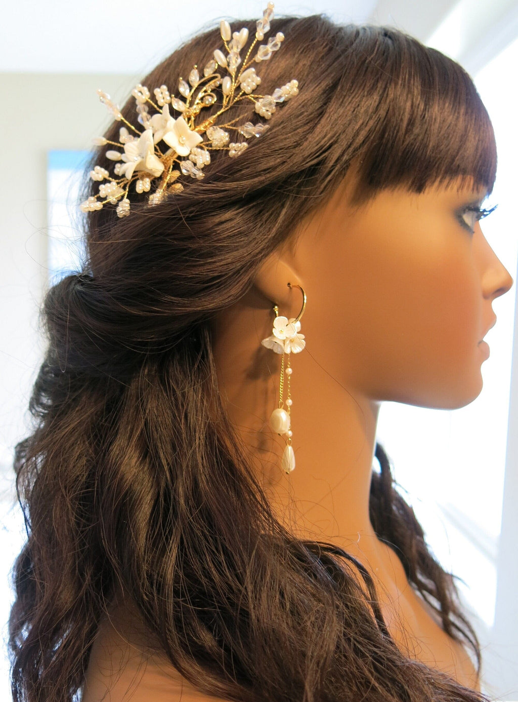 White Flower Baroque Pearl Earrings, Dangle Wedding Bridal or Bridesmaid Pearl Studs, Floral Hoops, Crystal Strand 2-in-1 Hoop Earrings - KaleaBoutique.com