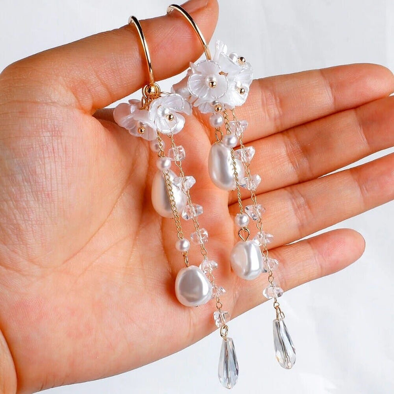 White Flower Bridal Pearl Earrings, Dangle Wedding Pearl Hooped Studs, Crystal Strand 2-in-1 Hoop Earrings - KaleaBoutique.com