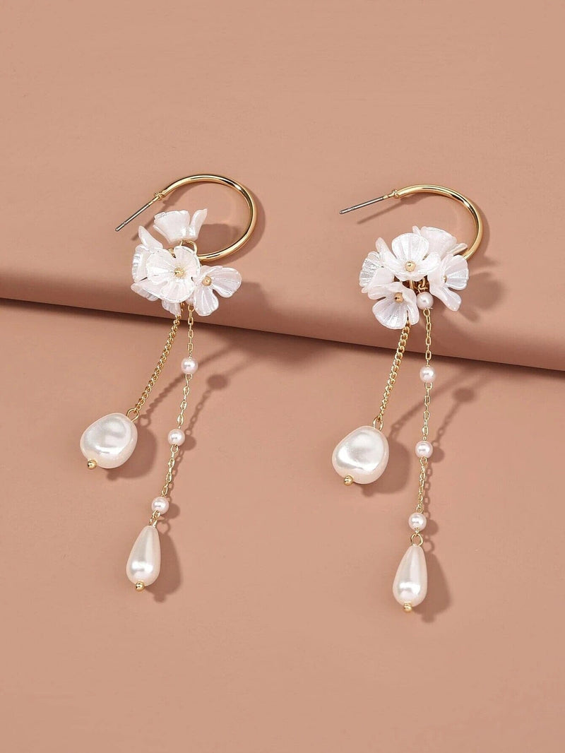 White Flower Bridal Pearl Earrings, Dangle Wedding Pearl Hooped Studs, Crystal Strand 2-in-1 Hoop Earrings - KaleaBoutique.com