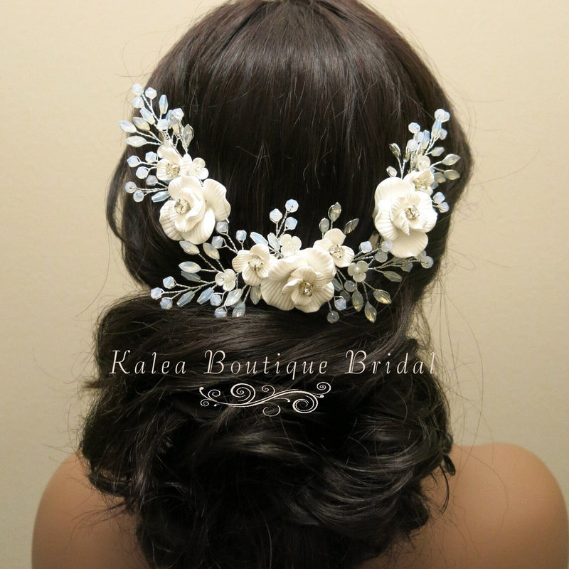 White Flower Bridal 2 PC Hairclip Set, Milky Opal Crystal Bridal Hair Piece, Wedding Floral Headpiece Bridal Large Flower 2 PC Hair Clip Set - KaleaBoutique.com
