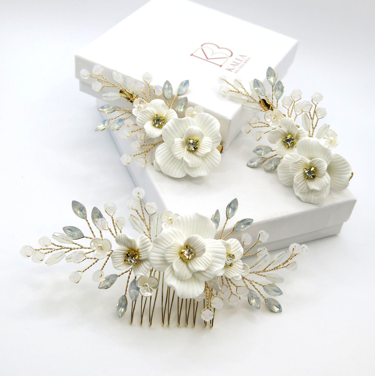 White Flower Bridal 2 PC Hairclip Set, Milky Opal Crystal Bridal Hair Piece, Wedding Floral Hair Clip Set - KaleaBoutique.com