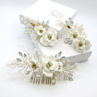 White Flower Bridal 2 PC Hairclip Set, Milky Opal Crystal Bridal Hair Piece, Wedding Floral Hair Clip Set - KaleaBoutique.com