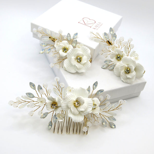 White Flower Bridal 2 PC Hairclip Set, Milky Opal Crystal Bridal Hair Piece, Wedding Floral Hair Clip Set - KaleaBoutique.com