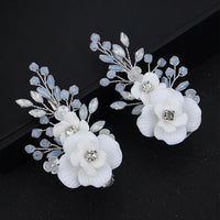 White Flower Bridal 2 PC Hairclip Set, Milky Opal Crystal Bridal Hair Piece, Wedding Floral Hair Clip Set - KaleaBoutique.com