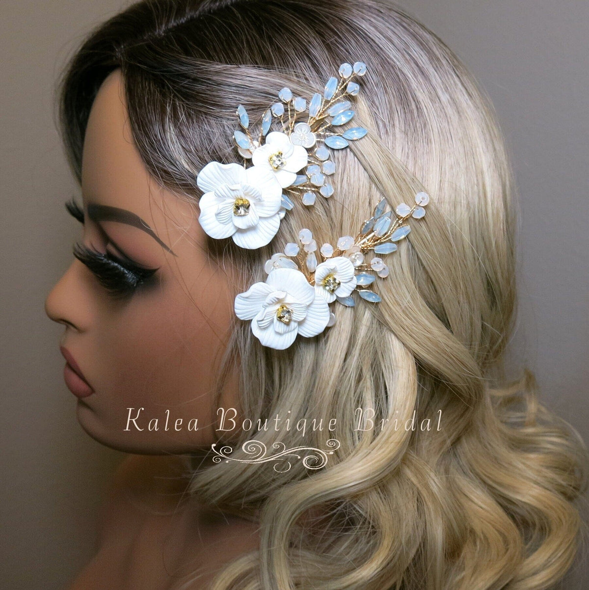 White Flower Bridal 2 PC Hairclip Set, Milky Opal Crystal Bridal Hair Piece, Wedding Floral Hair Clip Set - KaleaBoutique.com