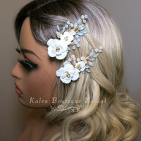 White Flower Bridal 2 PC Hairclip Set, Milky Opal Crystal Bridal Hair Piece, Wedding Floral Hair Clip Set - KaleaBoutique.com