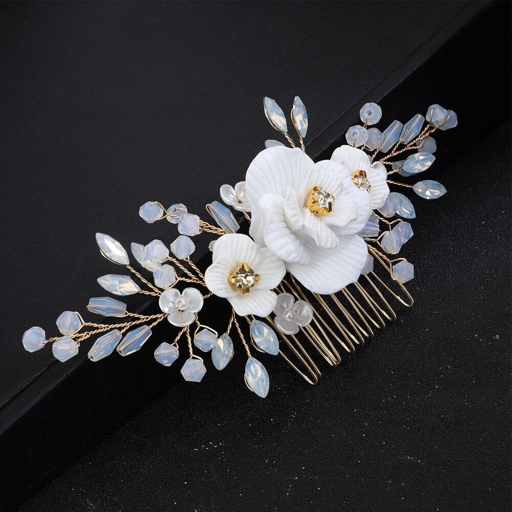 White Flower Bridal 2 PC Hairclip Set, Milky Opal Crystal Bridal Hair Piece, Wedding Floral Hair Clip Set - KaleaBoutique.com