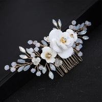 White Flower Bridal 2 PC Hairclip Set, Milky Opal Crystal Bridal Hair Piece, Wedding Floral Hair Clip Set - KaleaBoutique.com