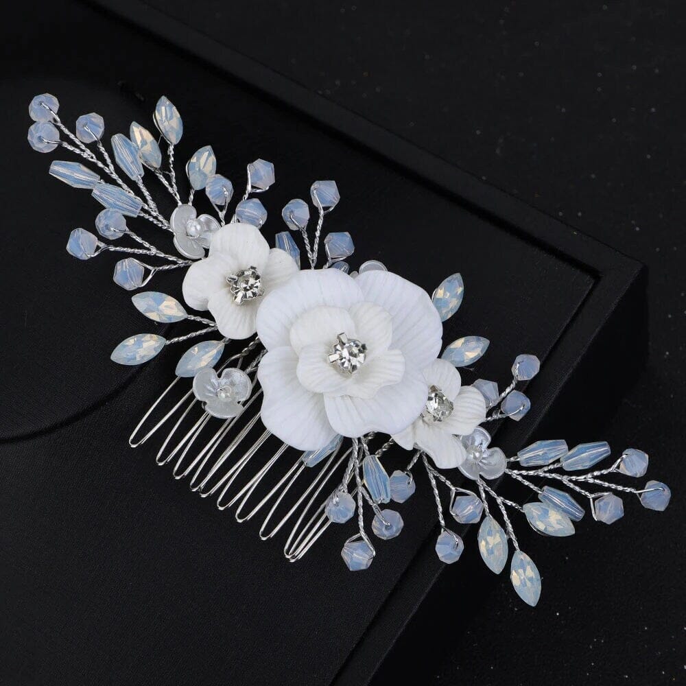 White Flower Bridal 2 PC Hairclip Set, Milky Opal Crystal Bridal Hair Piece, Wedding Floral Hair Clip Set - KaleaBoutique.com