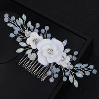 White Flower Bridal 2 PC Hairclip Set, Milky Opal Crystal Bridal Hair Piece, Wedding Floral Hair Clip Set - KaleaBoutique.com