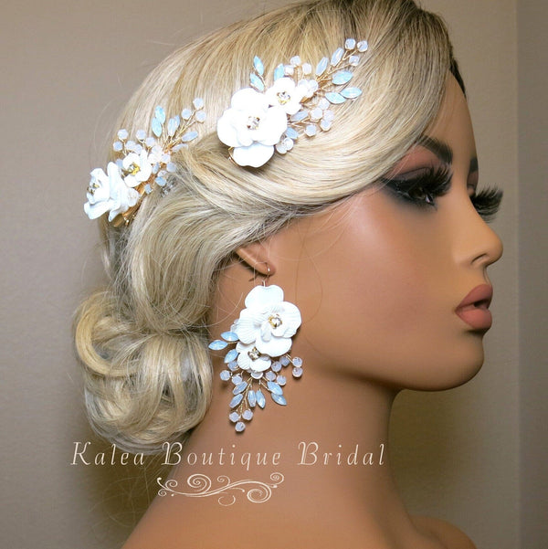 White Flower Bridal 2 PC Hairclip Set, Milky Opal Crystal Bridal Hair Piece, Wedding Floral Hair Clip Set - KaleaBoutique.com