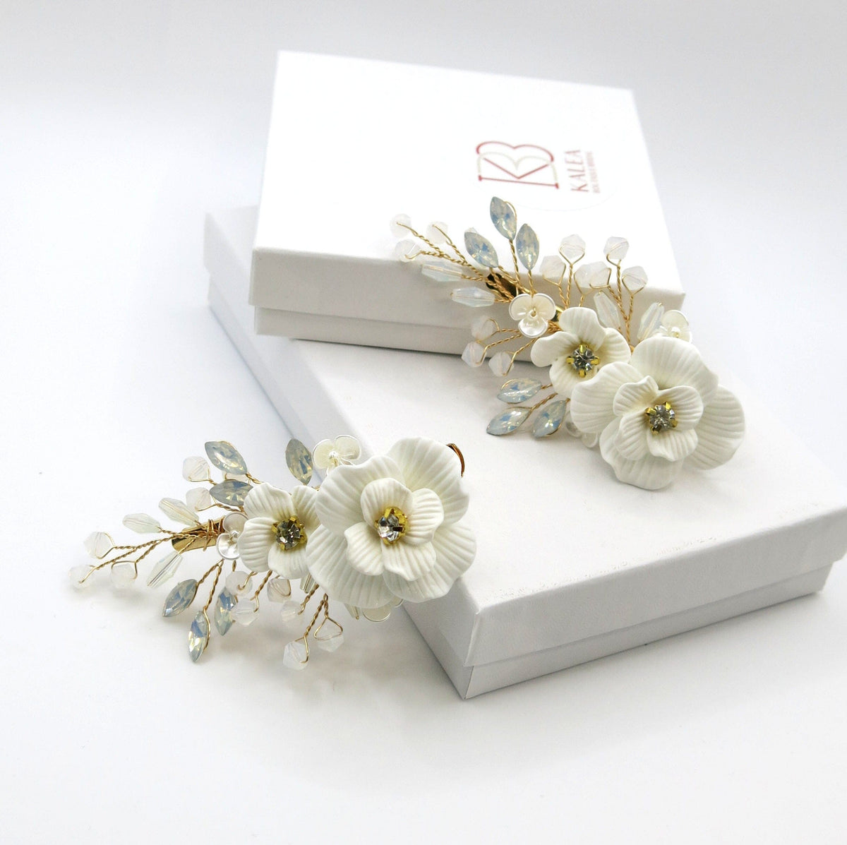 White Flower Bridal 2 PC Hairclip Set, Milky Opal Crystal Bridal Hair Piece, Wedding Floral Hair Clip Set - KaleaBoutique.com