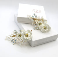 White Flower Bridal 2 PC Hairclip Set, Milky Opal Crystal Bridal Hair Piece, Wedding Floral Hair Clip Set - KaleaBoutique.com