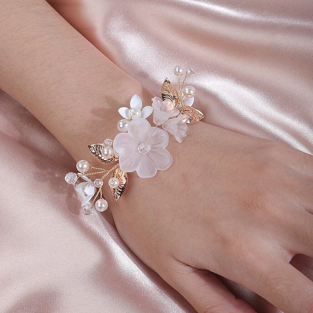 White Flower Bridal Bracelet, Floral Pearl Wire Wedding Bracelet, Bridal Shower Flower Petal Bracelet - KaleaBoutique.com