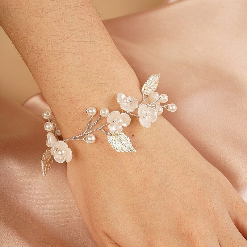 White Flower Bridal Bracelet, Floral Pearl Wire Bracelet, Bridesmaid Floral Bracelet, Wedding Gold Leaf Bracelet, Crystal Leaf Bracelet - KaleaBoutique.com