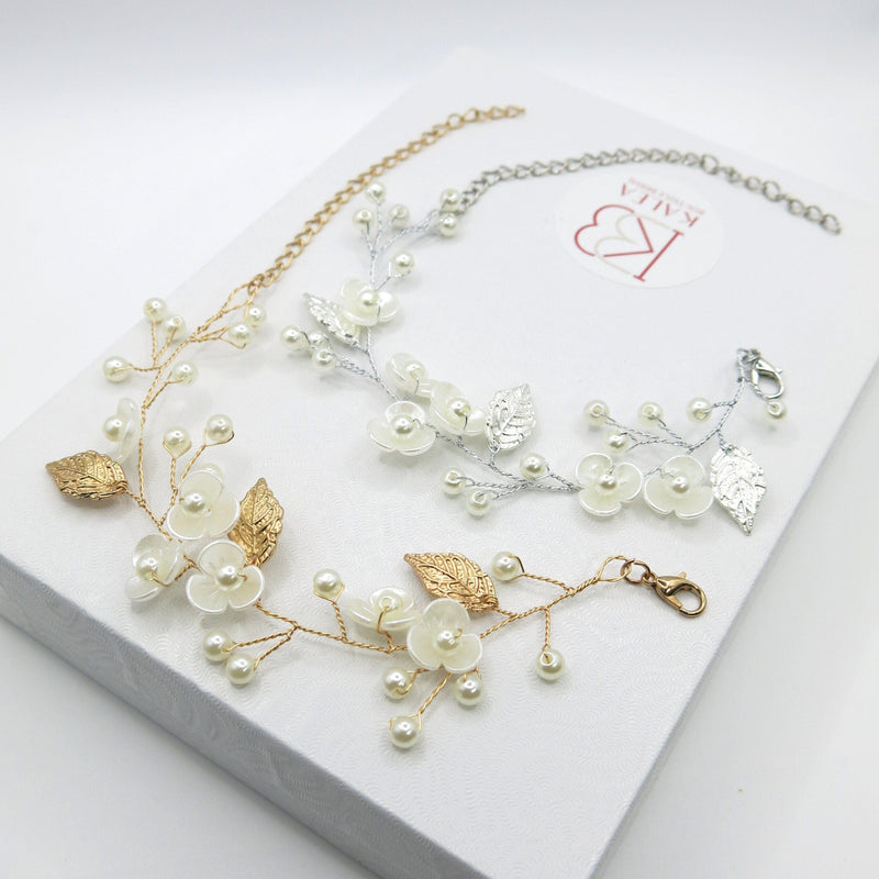 White Flower Bridal Bracelet, Floral Pearl Wire Bracelet, Bridesmaid Floral Bracelet, Wedding Gold Leaf Bracelet, Crystal Leaf Bracelet - KaleaBoutique.com
