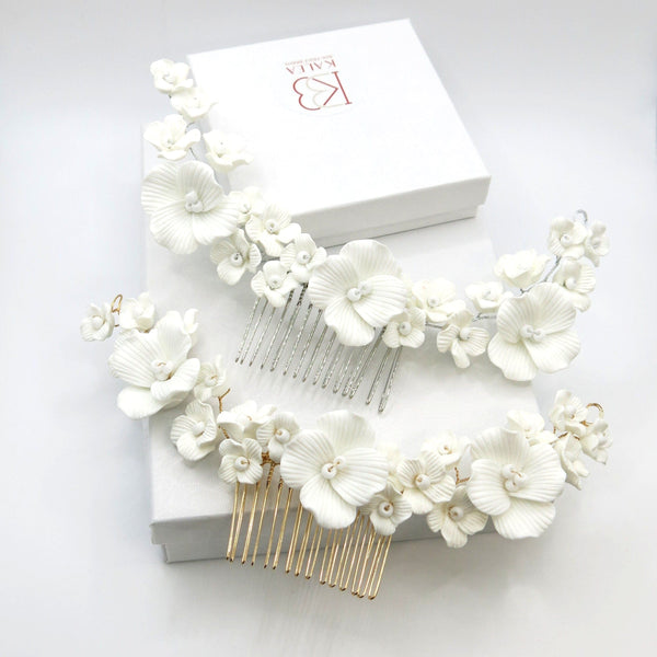 White Flower Bridal Hair Comb, Wedding Large Hair Piece, Big Floral Wire Headpiece, Large Flower Hair Vine on Comb - KaleaBoutique.com