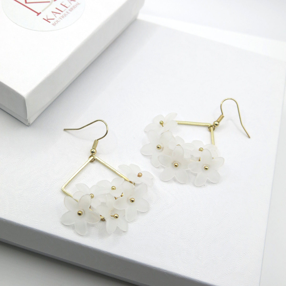 White Flower Charm Dangle Earrings, Bridal Shower Floral Hoop Earrings, Wedding Floral Cluster Gold Tassel Earrings - KaleaBoutique.com