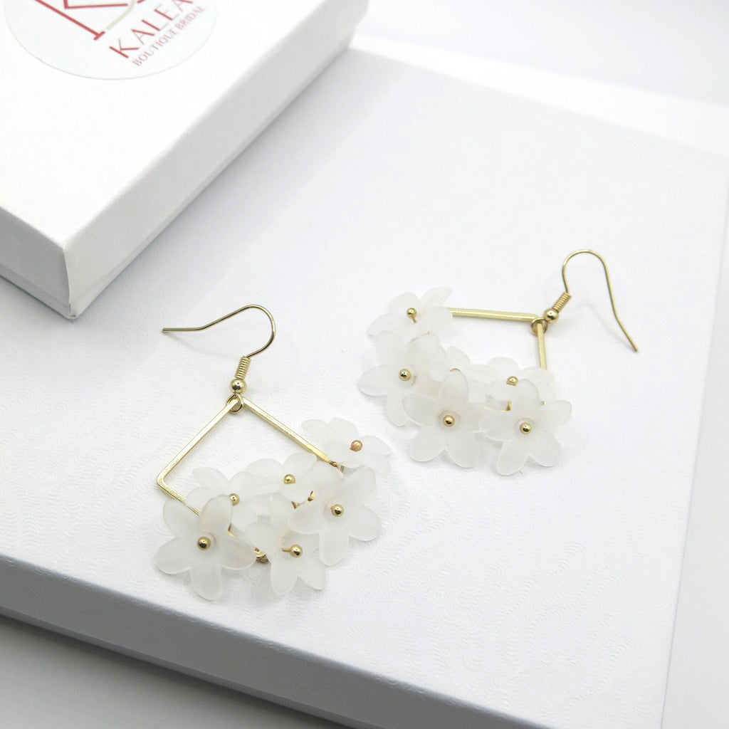 White Flower Charm Dangle Earrings, Bridal Shower Floral Hoop Earrings, Wedding Floral Cluster Gold Tassel Earrings - KaleaBoutique.com